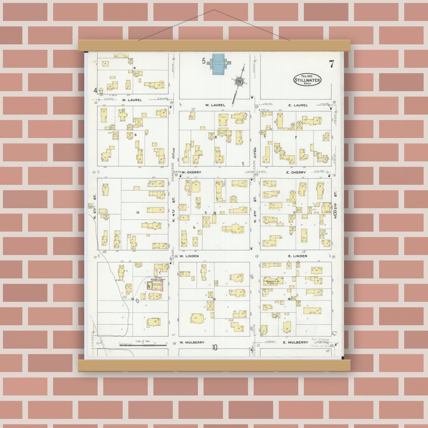 Old map wall art mockup — magnetic wood frame on brick wall — Sanborn Fire Insurance Map from Stillwater, Washington County, Minnesota (1910), Sheet #0007