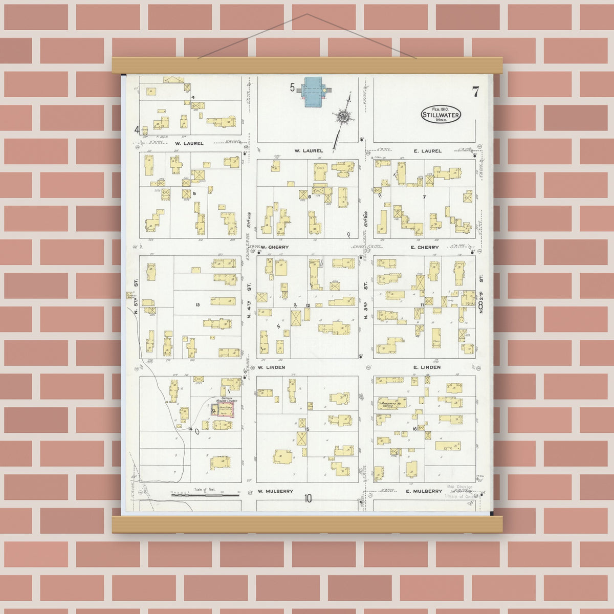 Old map wall art mockup — magnetic wood frame on brick wall — Sanborn Fire Insurance Map from Stillwater, Washington County, Minnesota (1910), Sheet #0007