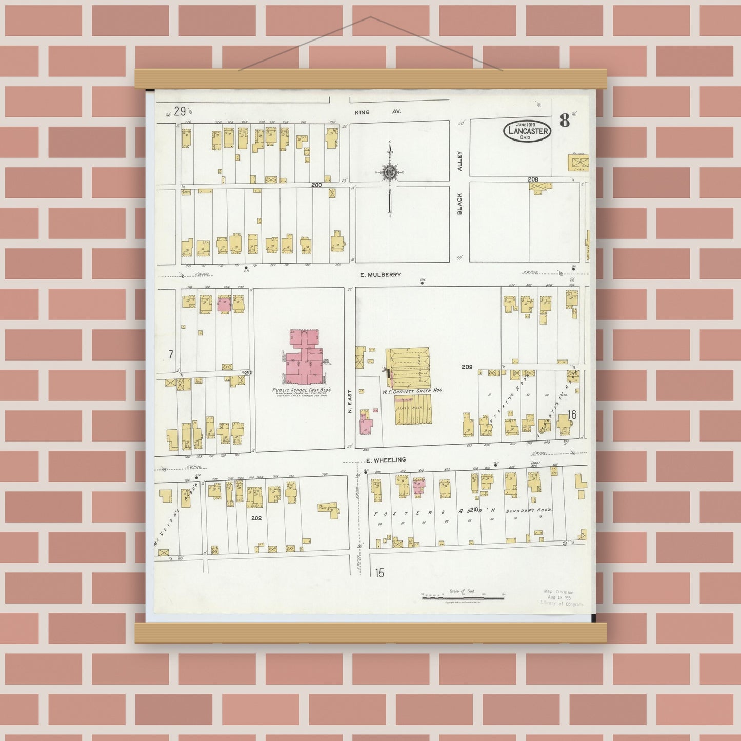 Old map wall art mockup — magnetic wood frame on brick wall — Sanborn Fire Insurance Map from Lancaster, Fairfield County, Ohio (1919), Sheet #0008