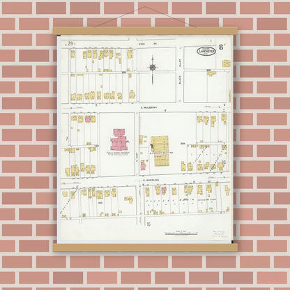 Old map wall art mockup — magnetic wood frame on brick wall — Sanborn Fire Insurance Map from Lancaster, Fairfield County, Ohio (1919), Sheet #0008