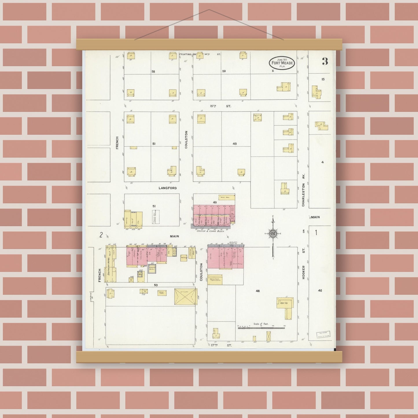 Old map wall art mockup — magnetic wood frame on brick wall — Sanborn Fire Insurance Map from Fort Meade, Polk County, Florida (1911), Sheet #0003