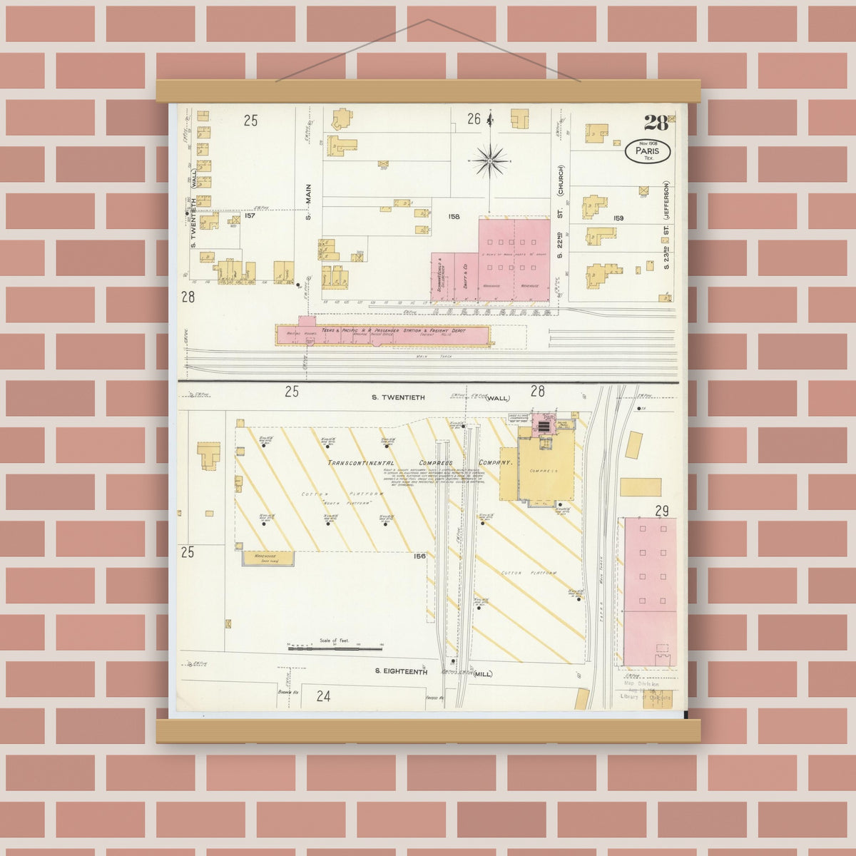 Old map wall art mockup — magnetic wood frame on brick wall — Sanborn Fire Insurance Map from Paris, Lamar County, Texas (1908), Sheet #0028