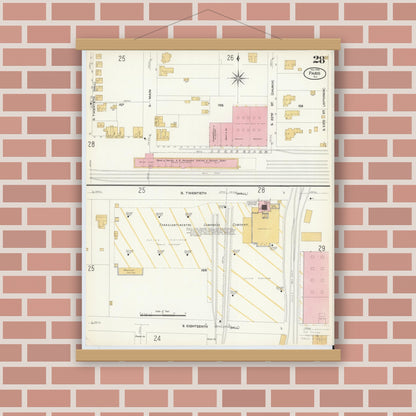 Old map wall art mockup — magnetic wood frame on brick wall — Sanborn Fire Insurance Map from Paris, Lamar County, Texas (1908), Sheet #0028