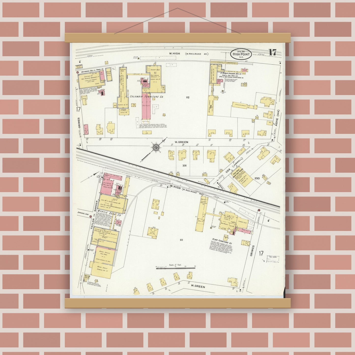 Old map wall art mockup — magnetic wood frame on brick wall — Sanborn Fire Insurance Map from High Point, Guilford County, North Carolina (1911), Sheet #0017