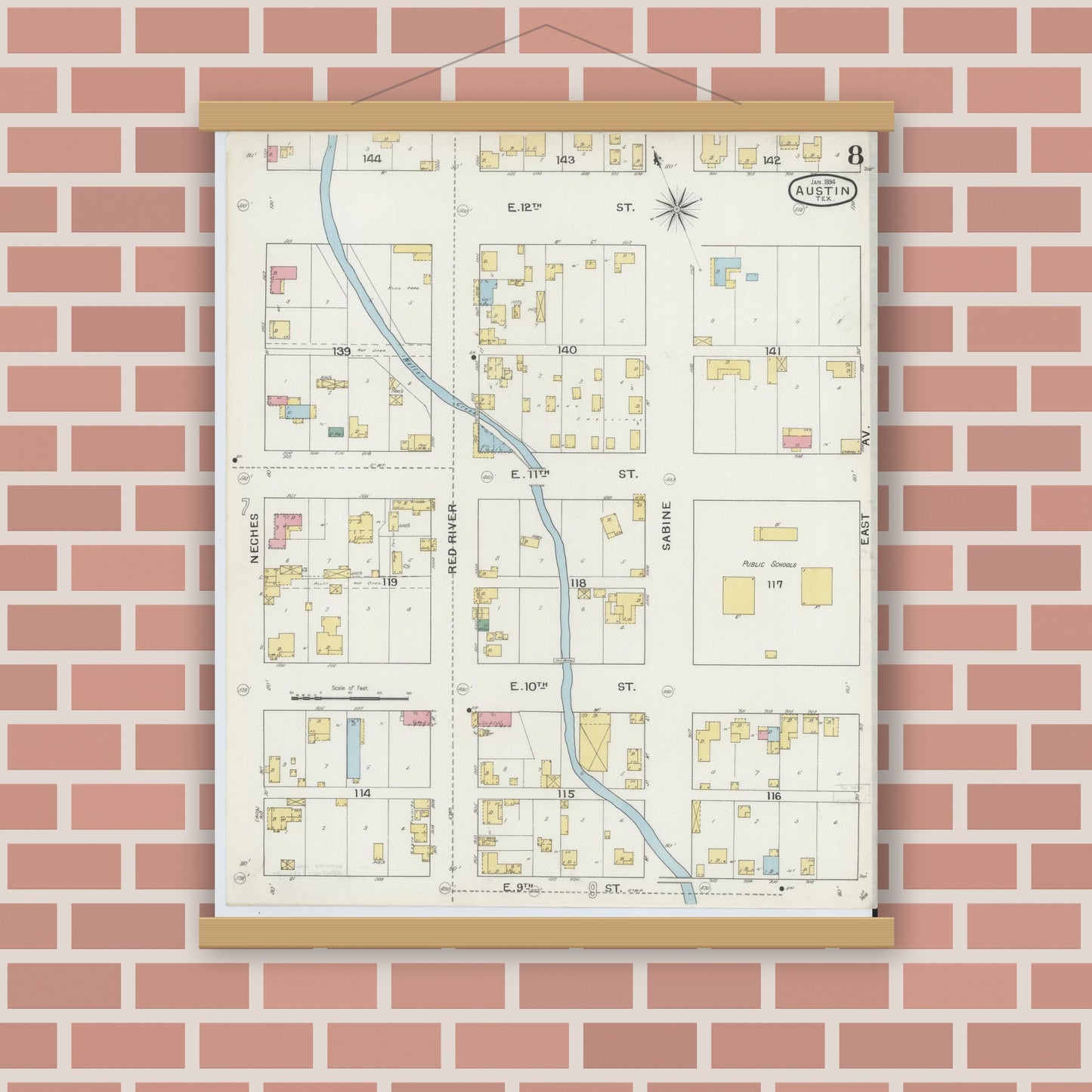 Old map wall art mockup — magnetic wood frame on brick wall — Sanborn Fire Insurance Map from Austin, Travis County, Texas (1894), Sheet #0008