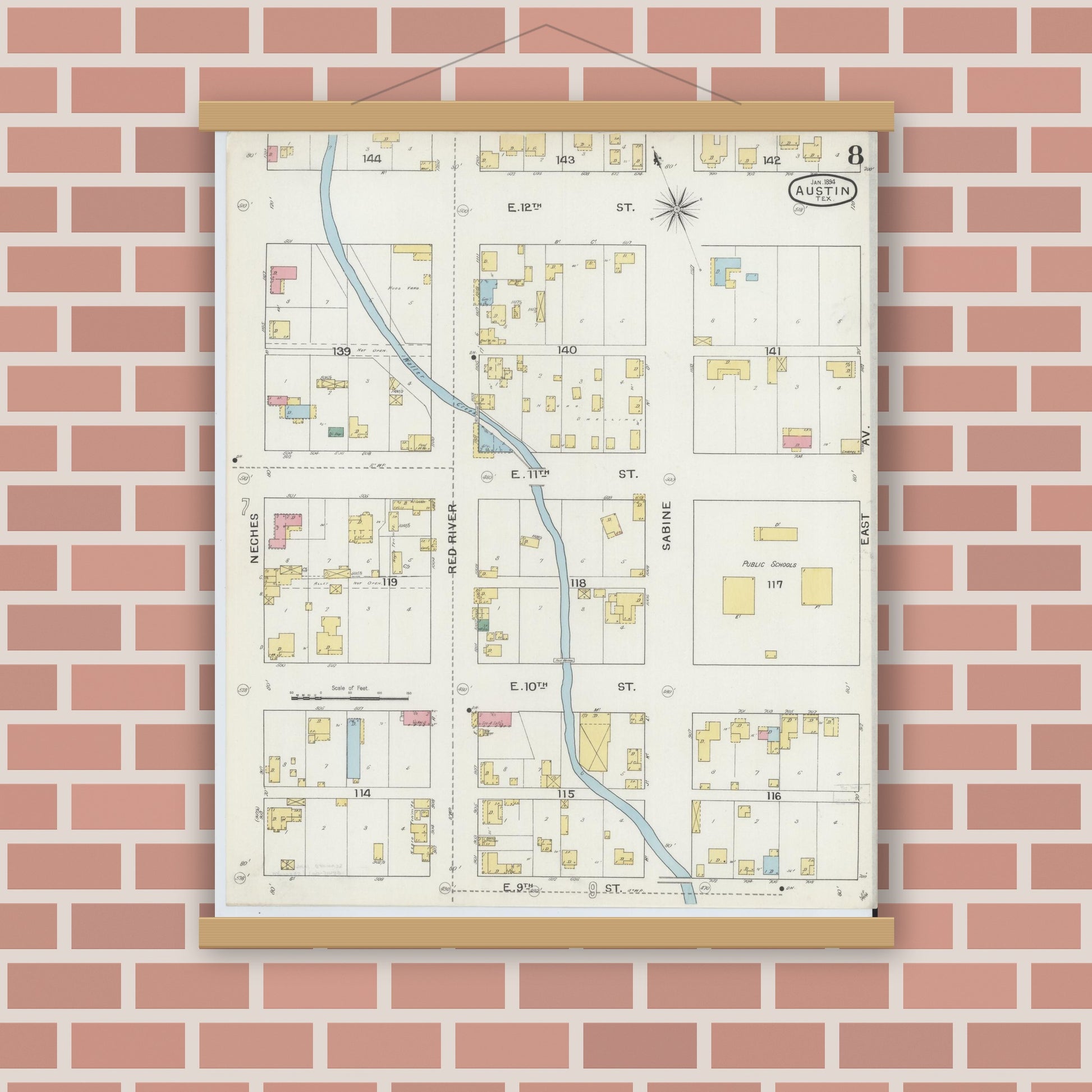 Old map wall art mockup — magnetic wood frame on brick wall — Sanborn Fire Insurance Map from Austin, Travis County, Texas (1894), Sheet #0008