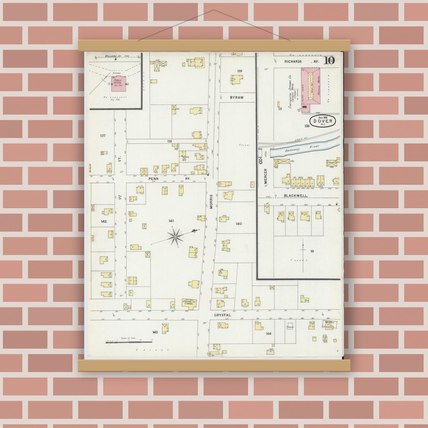 Old map wall art mockup — magnetic wood frame on brick wall — Sanborn Fire Insurance Map from Dover, Morris County, New Jersey (1896), Sheet #0010