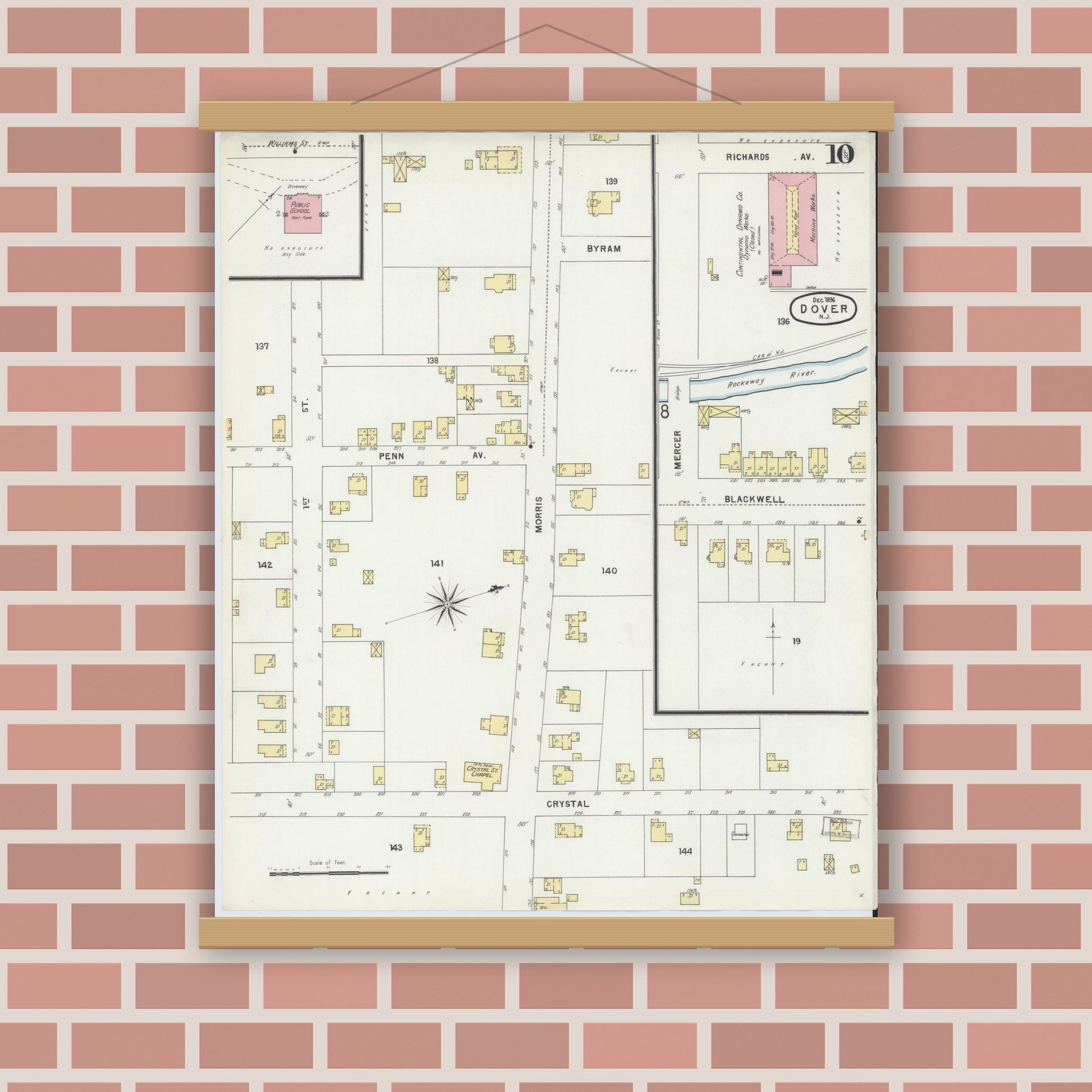 Old map wall art mockup — magnetic wood frame on brick wall — Sanborn Fire Insurance Map from Dover, Morris County, New Jersey (1896), Sheet #0010