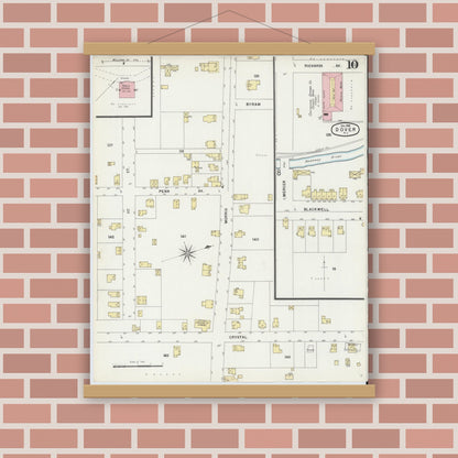 Old map wall art mockup — magnetic wood frame on brick wall — Sanborn Fire Insurance Map from Dover, Morris County, New Jersey (1896), Sheet #0010