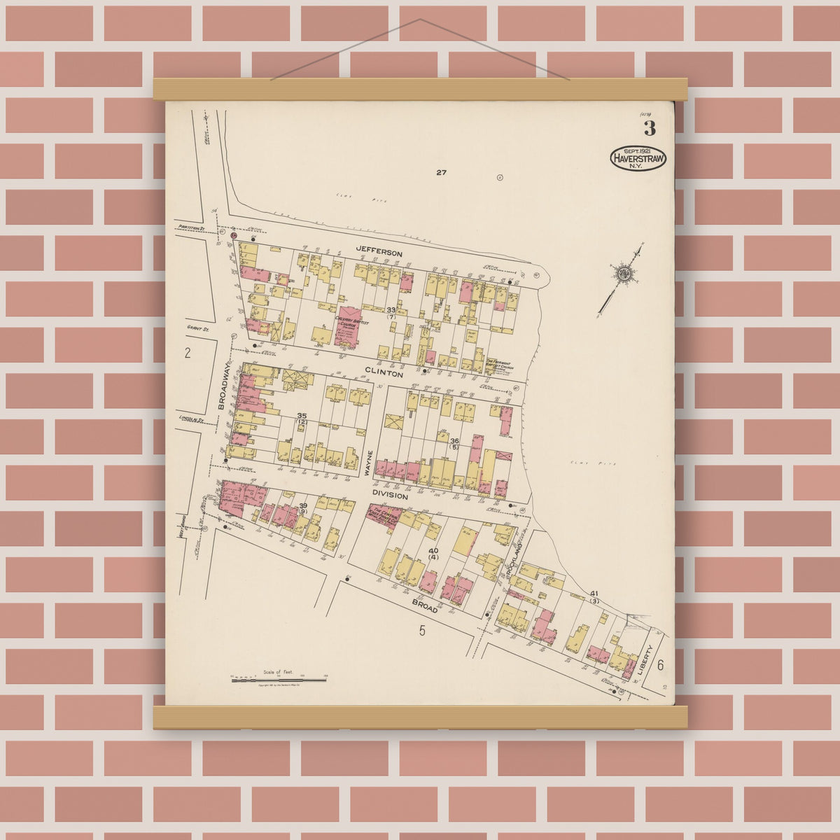 Old map wall art mockup — magnetic wood frame on brick wall — Sanborn Fire Insurance Map from Haverstraw, Rockland County, New York (1921), Sheet #0003