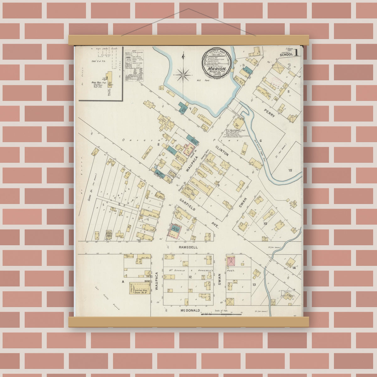 Old map wall art mockup — magnetic wood frame on brick wall — Sanborn Fire Insurance Map from Marion, Waupaca County, Wisconsin (1894), Sheet #0001