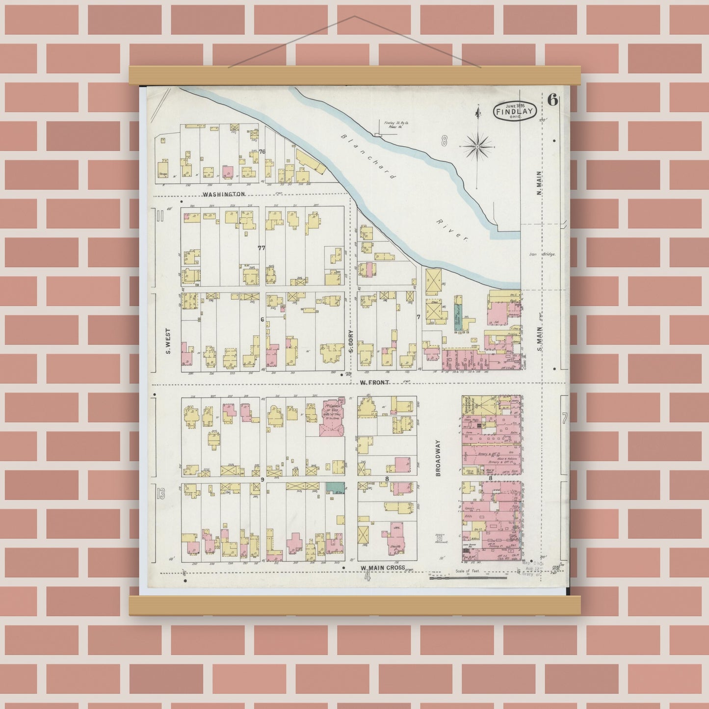 Old map wall art mockup — magnetic wood frame on brick wall — Sanborn Fire Insurance Map from Findlay, Hancock County, Ohio (1895), Sheet #0006