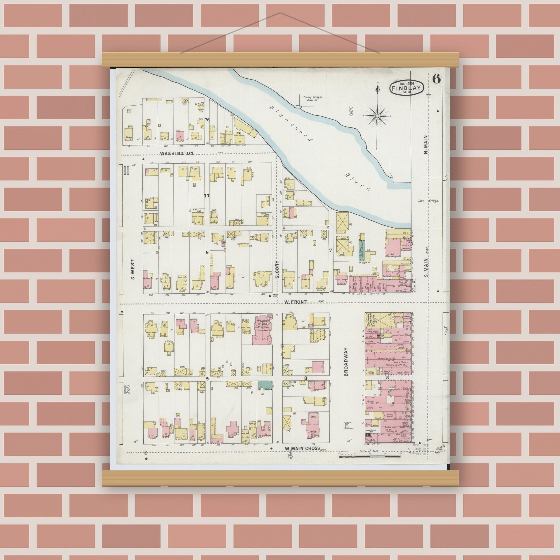 Old map wall art mockup — magnetic wood frame on brick wall — Sanborn Fire Insurance Map from Findlay, Hancock County, Ohio (1895), Sheet #0006