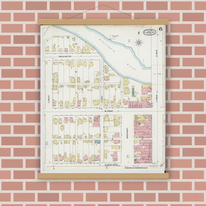 Old map wall art mockup — magnetic wood frame on brick wall — Sanborn Fire Insurance Map from Findlay, Hancock County, Ohio (1895), Sheet #0006