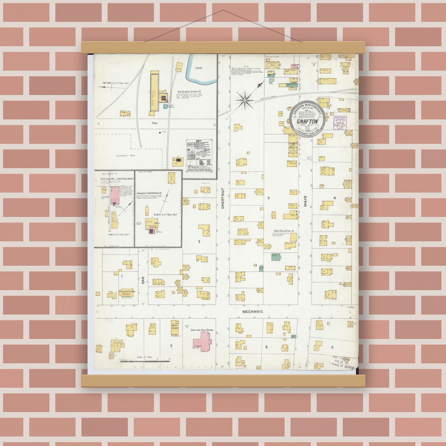 Old map wall art mockup — magnetic wood frame on brick wall — Sanborn Fire Insurance Map from Grafton, Lorain County, Ohio (1904), Sheet #0001