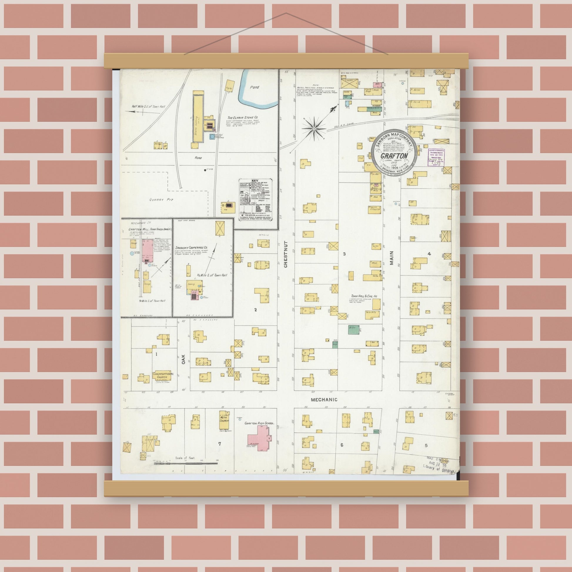 Old map wall art mockup — magnetic wood frame on brick wall — Sanborn Fire Insurance Map from Grafton, Lorain County, Ohio (1904), Sheet #0001