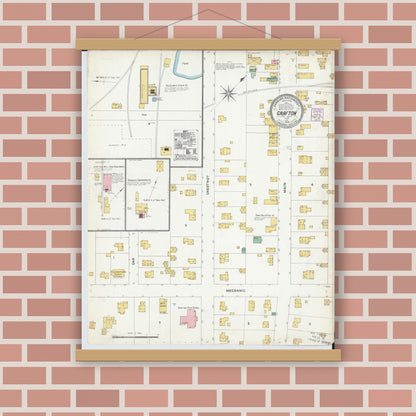 Old map wall art mockup — magnetic wood frame on brick wall — Sanborn Fire Insurance Map from Grafton, Lorain County, Ohio (1904), Sheet #0001