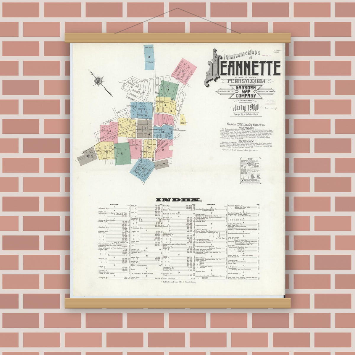 Old map wall art mockup — magnetic wood frame on brick wall — Sanborn Fire Insurance Map from Jeannette, Westmoreland County, Pennsylvania (1910), Sheet #0001