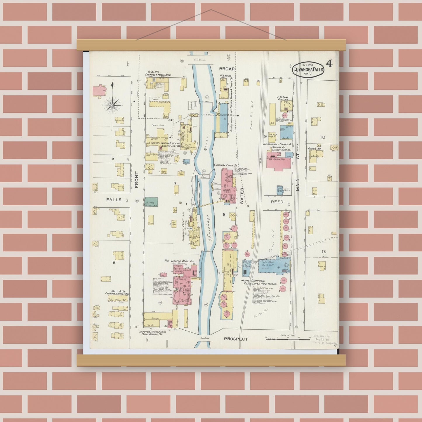 Old map wall art mockup — magnetic wood frame on brick wall — Sanborn Fire Insurance Map from Cuyahoga Falls, Summit County, Ohio (1893), Sheet #0004