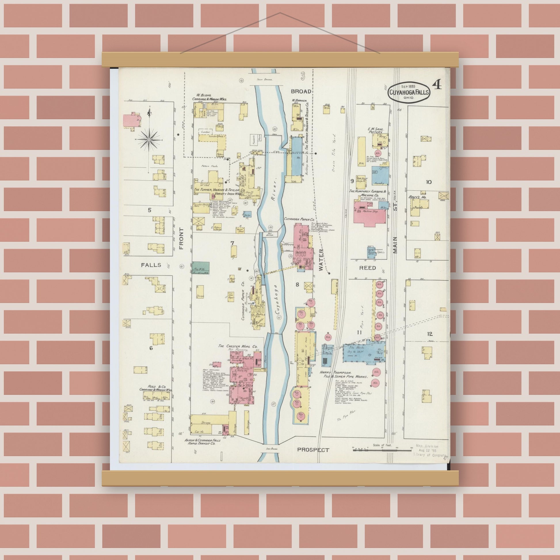 Old map wall art mockup — magnetic wood frame on brick wall — Sanborn Fire Insurance Map from Cuyahoga Falls, Summit County, Ohio (1893), Sheet #0004