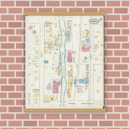 Old map wall art mockup — magnetic wood frame on brick wall — Sanborn Fire Insurance Map from Cuyahoga Falls, Summit County, Ohio (1893), Sheet #0004