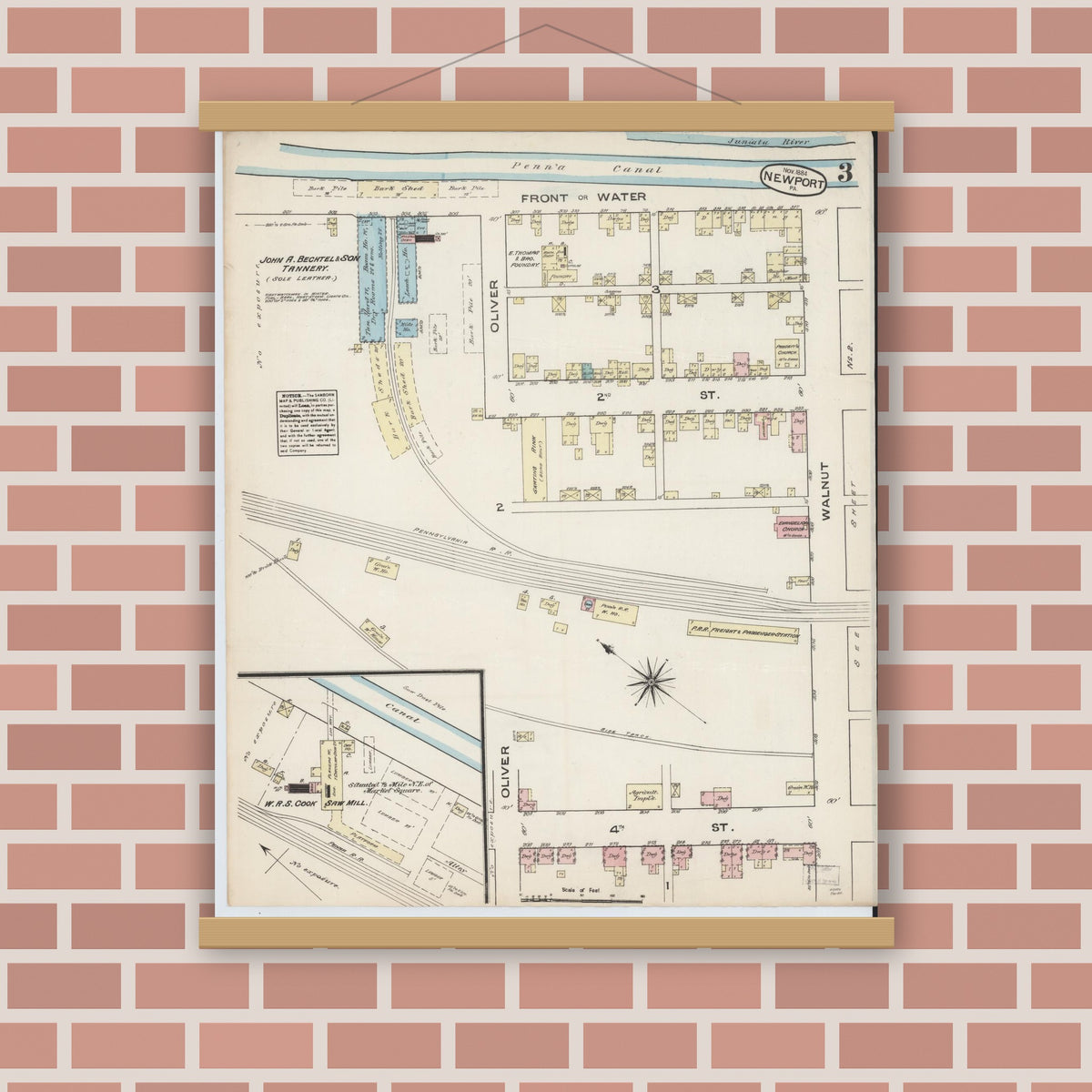 Old map wall art mockup — magnetic wood frame on brick wall — Sanborn Fire Insurance Map from Newport, Perry County, Pennsylvania (1884), Sheet #0003
