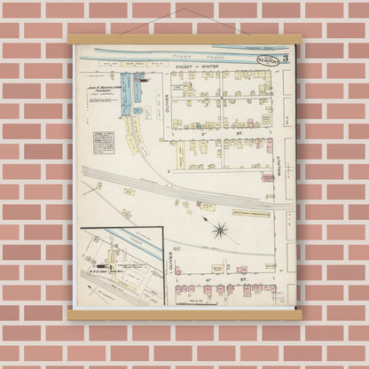 Old map wall art mockup — magnetic wood frame on brick wall — Sanborn Fire Insurance Map from Newport, Perry County, Pennsylvania (1884), Sheet #0003