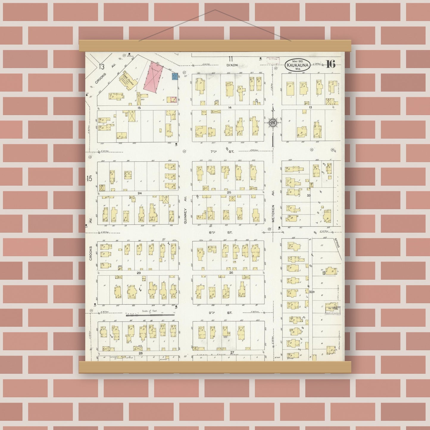 Old map wall art mockup — magnetic wood frame on brick wall — Sanborn Fire Insurance Map from Kaukauna, Outagamie County, Wisconsin (1913), Sheet #0016