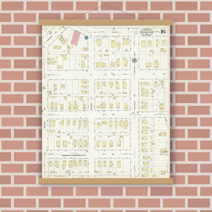 Old map wall art mockup — magnetic wood frame on brick wall — Sanborn Fire Insurance Map from Kaukauna, Outagamie County, Wisconsin (1913), Sheet #0016