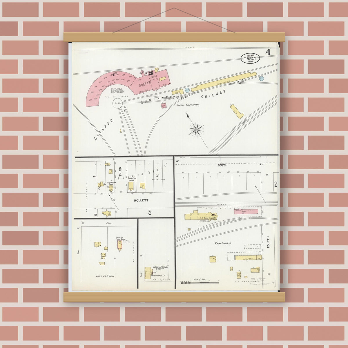 Old map wall art mockup — magnetic wood frame on brick wall — Sanborn Fire Insurance Map from Tracy, Lyon County, Minnesota (1899), Sheet #0004