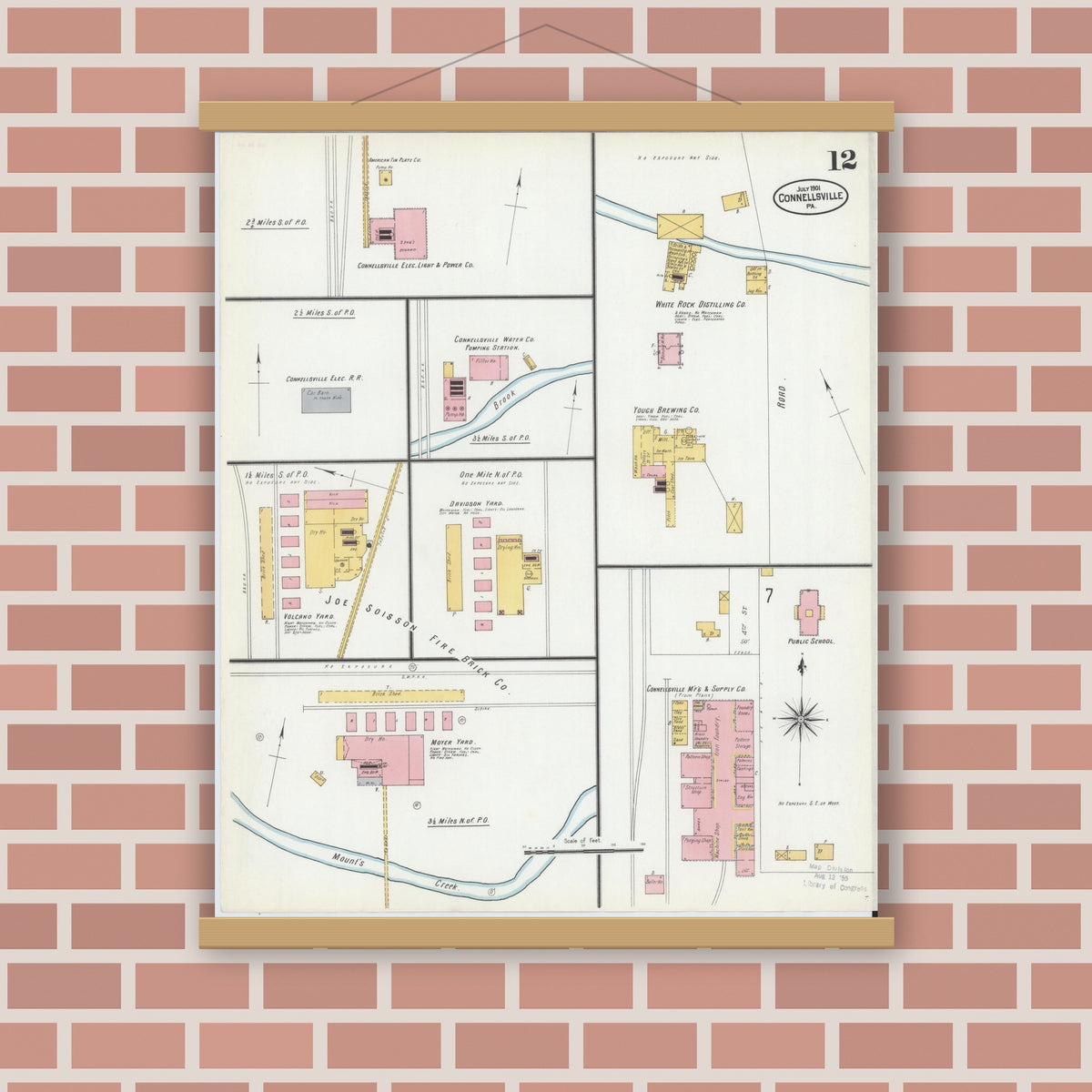 Old map wall art mockup — magnetic wood frame on brick wall — Sanborn Fire Insurance Map from Connellsville, Fayette County, Pennsylvania (1901), Sheet #0012