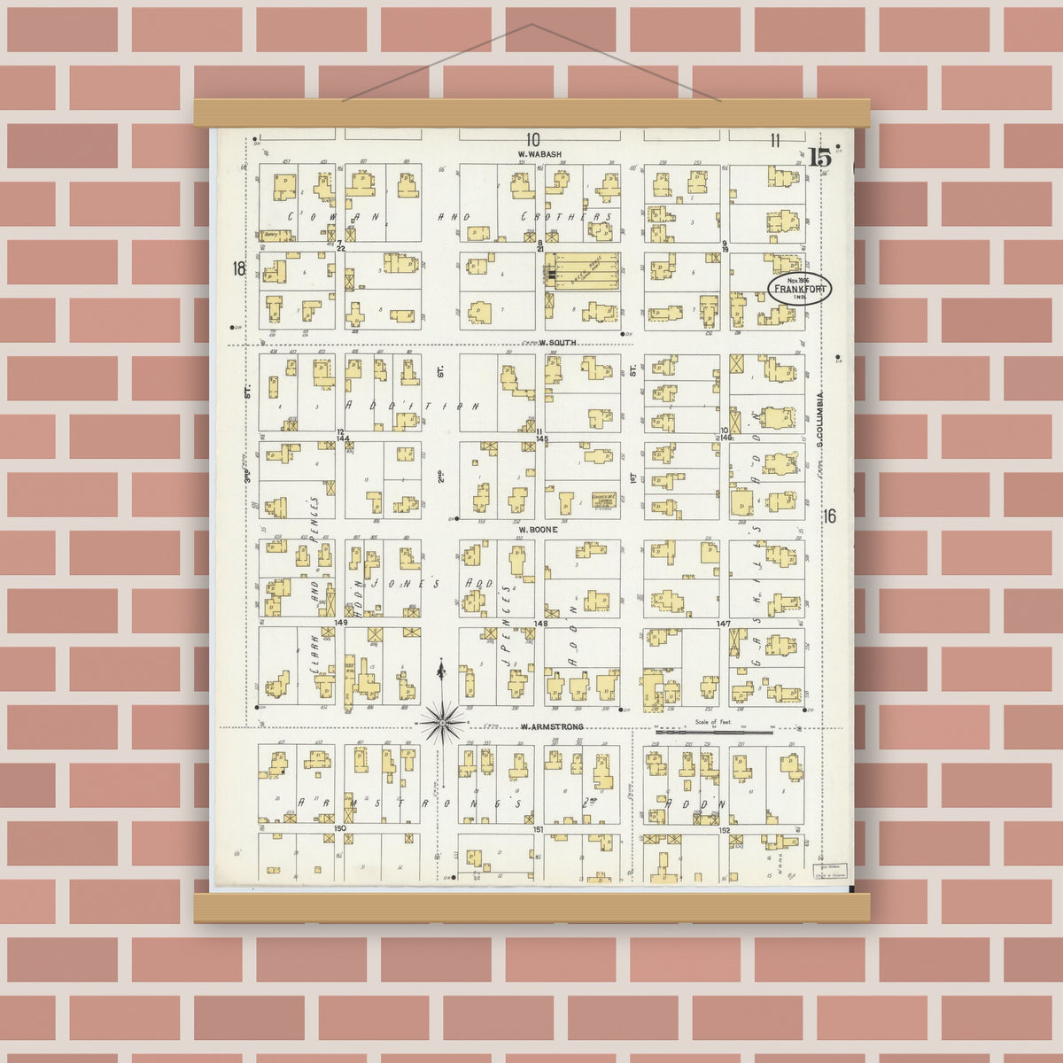 Old map wall art mockup — magnetic wood frame on brick wall — Sanborn Fire Insurance Map from Frankfort, Clinton County, Indiana (1906), Sheet #0015