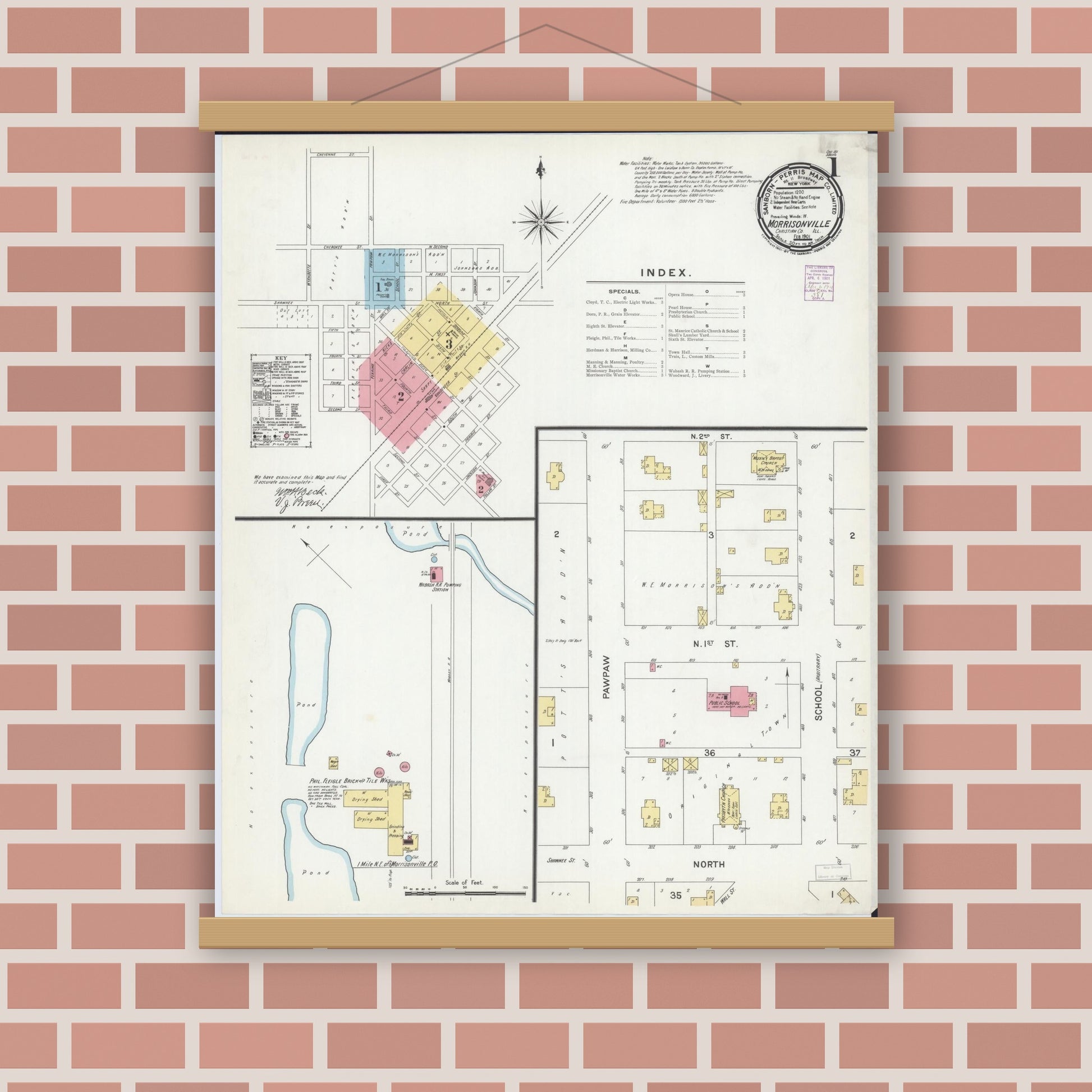 Old map wall art mockup — magnetic wood frame on brick wall — Sanborn Fire Insurance Map from Morrisonville, Christian County, Illinois (1901) - Complete Map Set