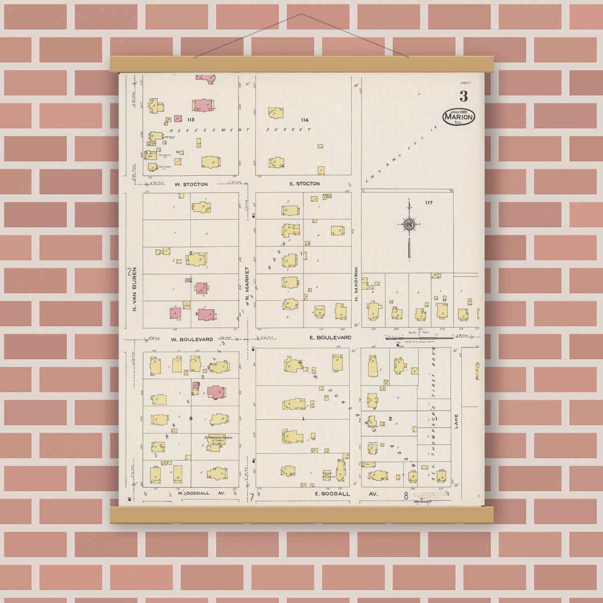 Old map wall art mockup — magnetic wood frame on brick wall — Sanborn Fire Insurance Map from Marion, Williamson County, Illinois (1922), Sheet #0003