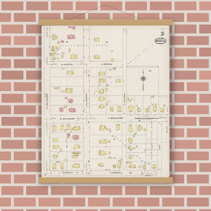Old map wall art mockup — magnetic wood frame on brick wall — Sanborn Fire Insurance Map from Marion, Williamson County, Illinois (1922), Sheet #0003