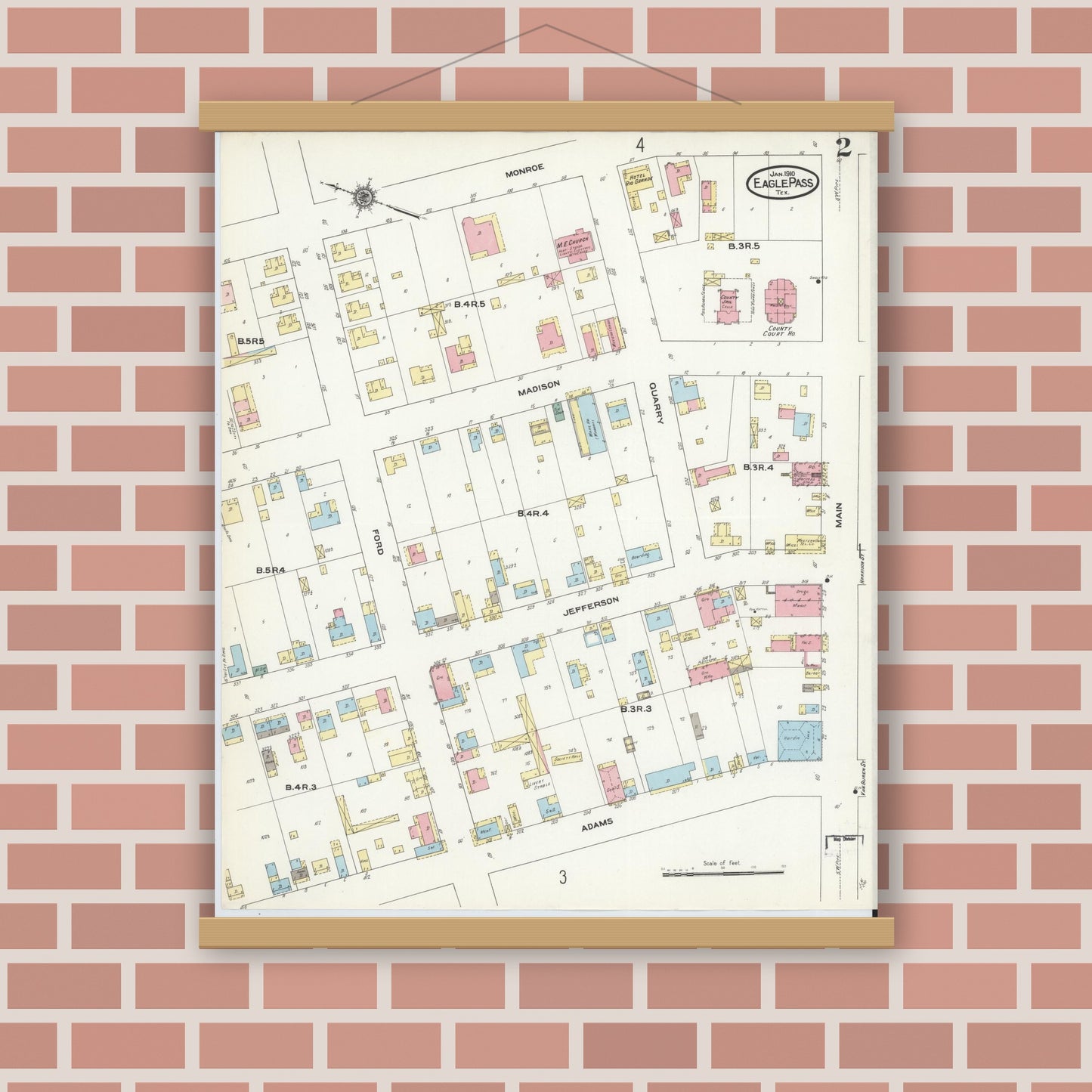 Old map wall art mockup — magnetic wood frame on brick wall — Sanborn Fire Insurance Map from Eagle Pass, Maverick County, Texas (1910), Sheet #0002