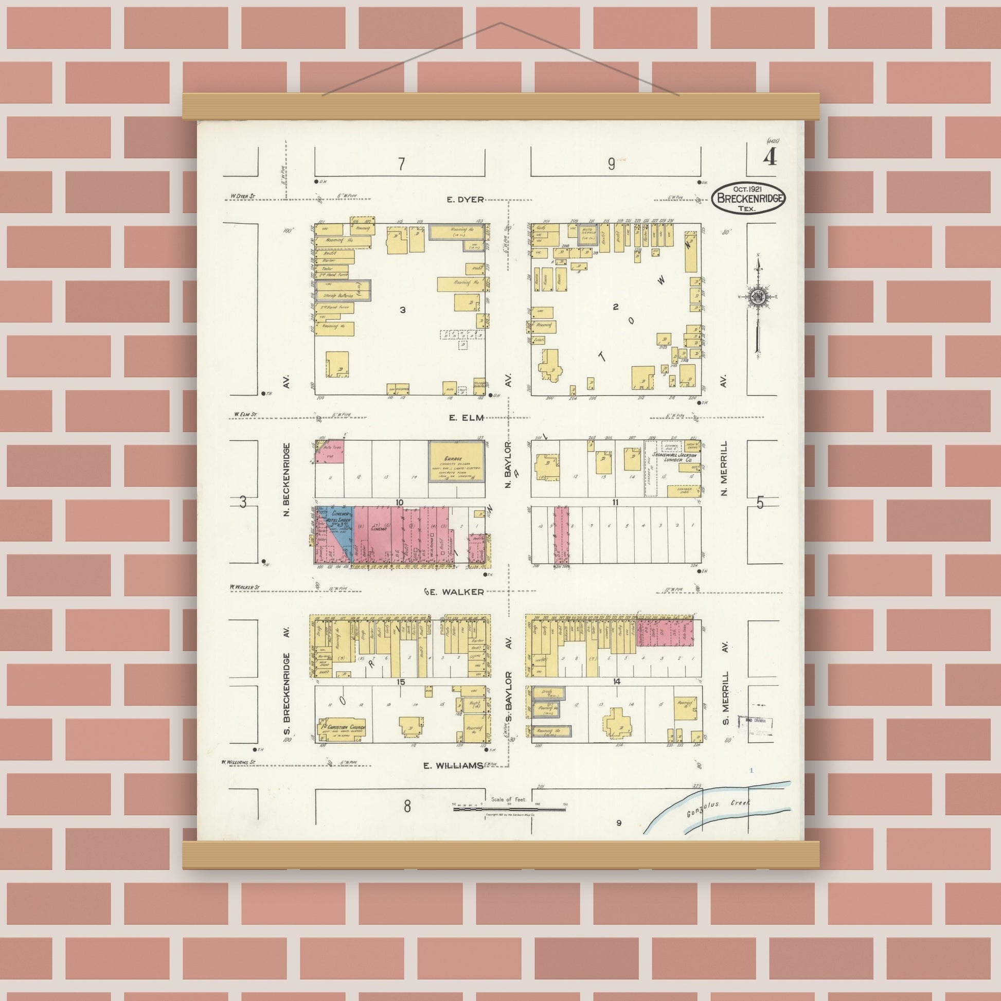 Old map wall art mockup — magnetic wood frame on brick wall — Sanborn Fire Insurance Map from Breckenridge, Stephens County, Texas (1921), Sheet #0004