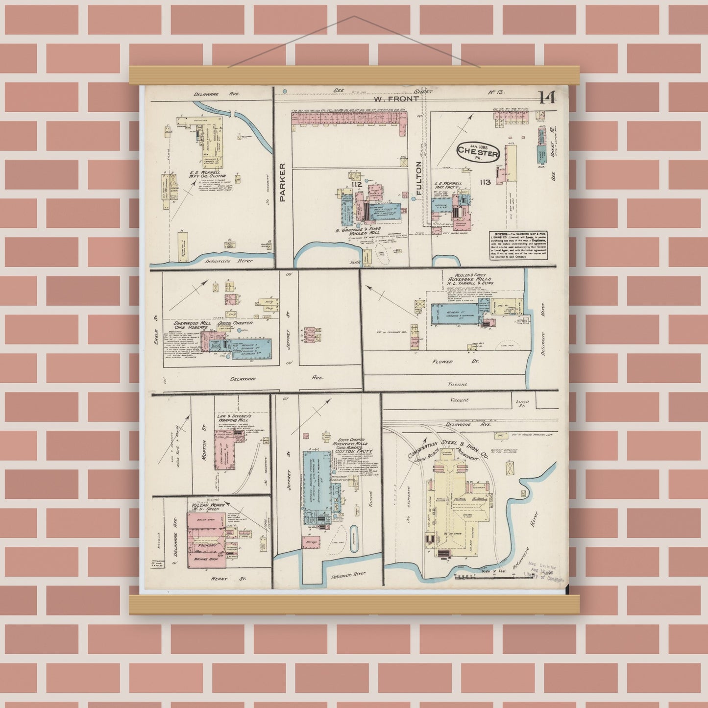 Old map wall art mockup — magnetic wood frame on brick wall — Sanborn Fire Insurance Map from Chester, Delaware County, Pennsylvania (1885), Sheet #0014