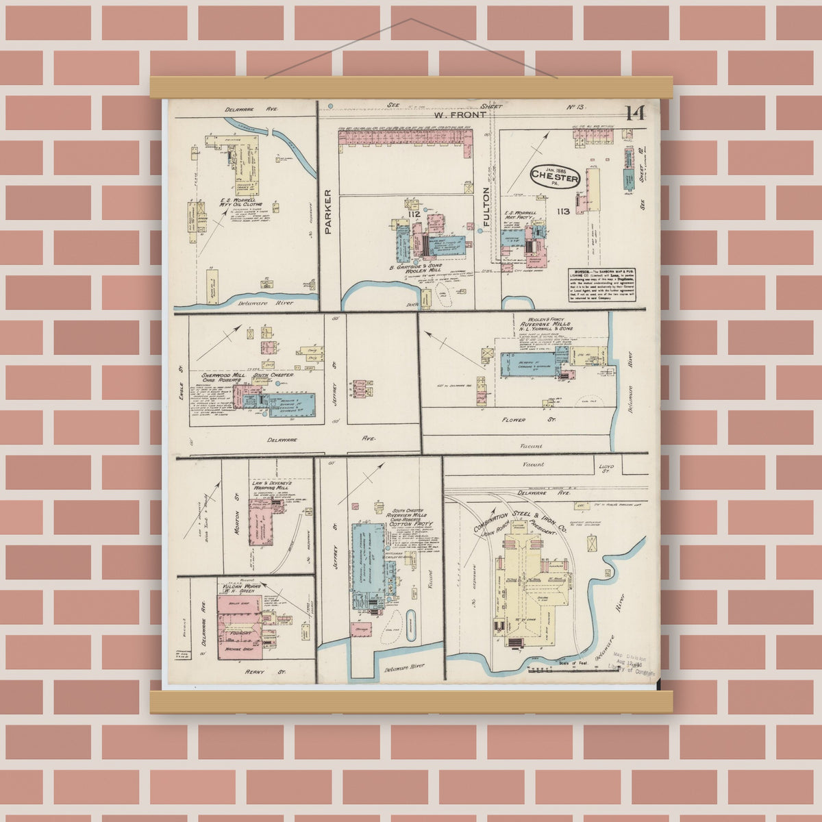 Old map wall art mockup — magnetic wood frame on brick wall — Sanborn Fire Insurance Map from Chester, Delaware County, Pennsylvania (1885), Sheet #0014