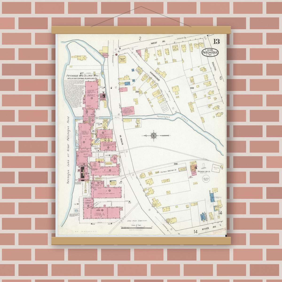 Old map wall art mockup — magnetic wood frame on brick wall — Sanborn Fire Insurance Map from Patchogue, Suffolk County, New York (1916), Sheet #0013