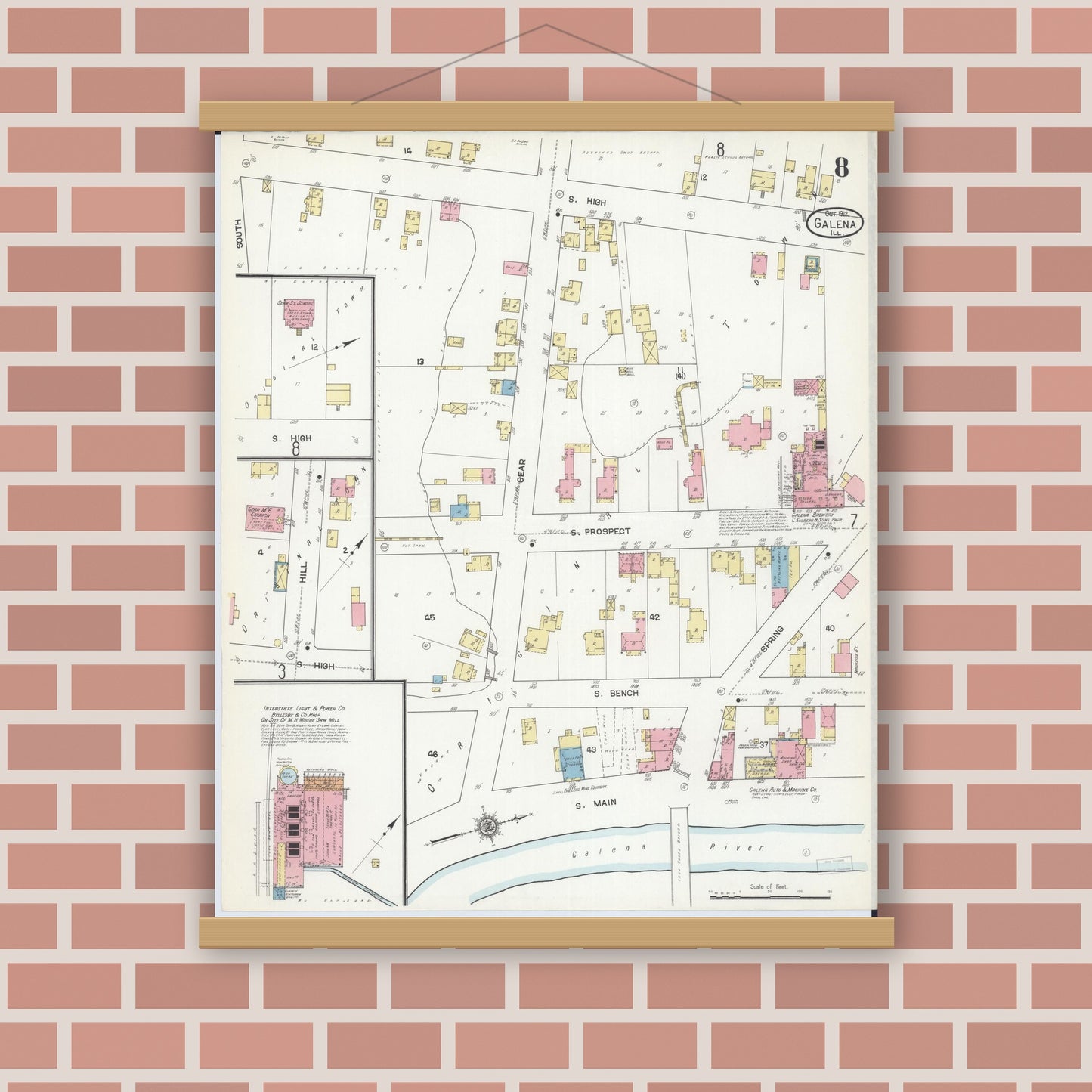 Old map wall art mockup — magnetic wood frame on brick wall — Sanborn Fire Insurance Map from Galena, Jo Daviess County, Illinois (1912), Sheet #0008