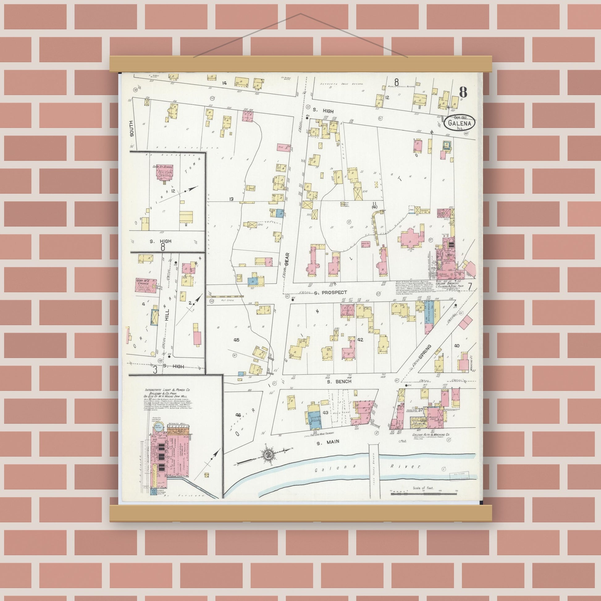 Old map wall art mockup — magnetic wood frame on brick wall — Sanborn Fire Insurance Map from Galena, Jo Daviess County, Illinois (1912), Sheet #0008