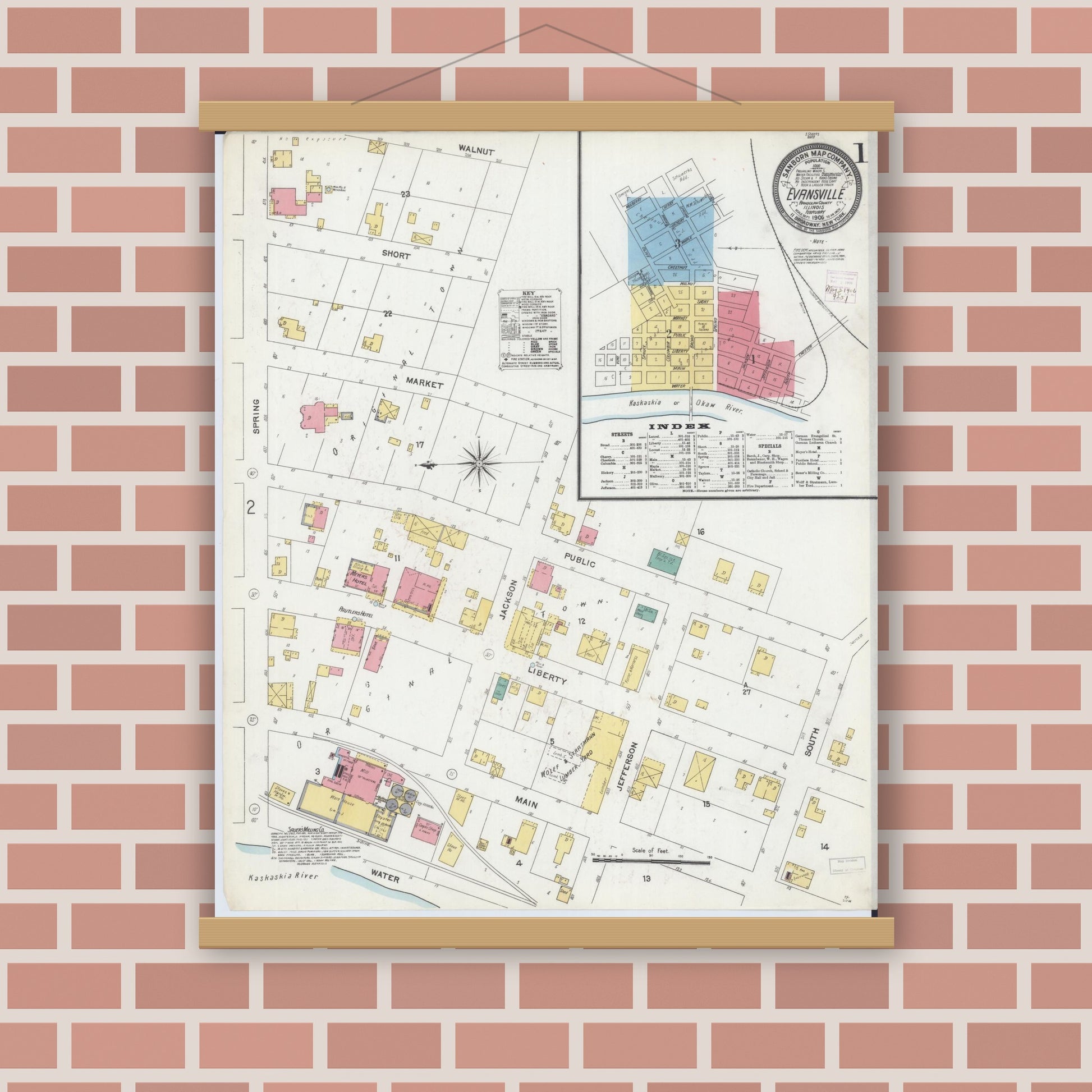 Old map wall art mockup — magnetic wood frame on brick wall — Sanborn Fire Insurance Map from Evansville, Randolph County, Illinois (1906) - Complete Map Set