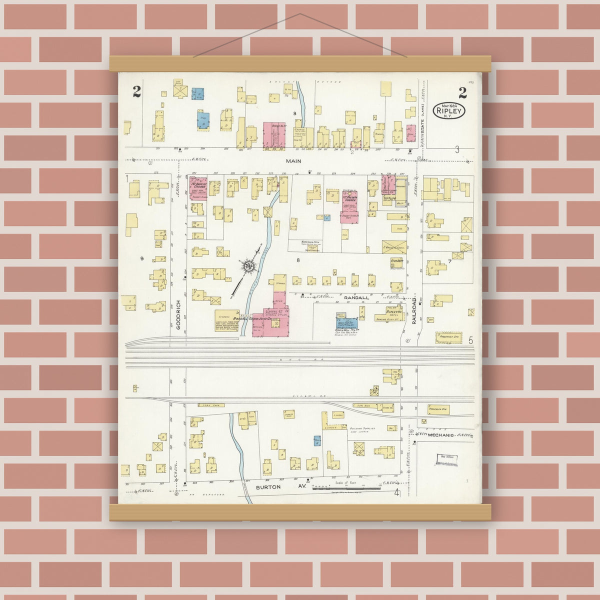 Old map wall art mockup — magnetic wood frame on brick wall — Sanborn Fire Insurance Map from Ripley, Chautauqua County, New York (1924), Sheet #0002