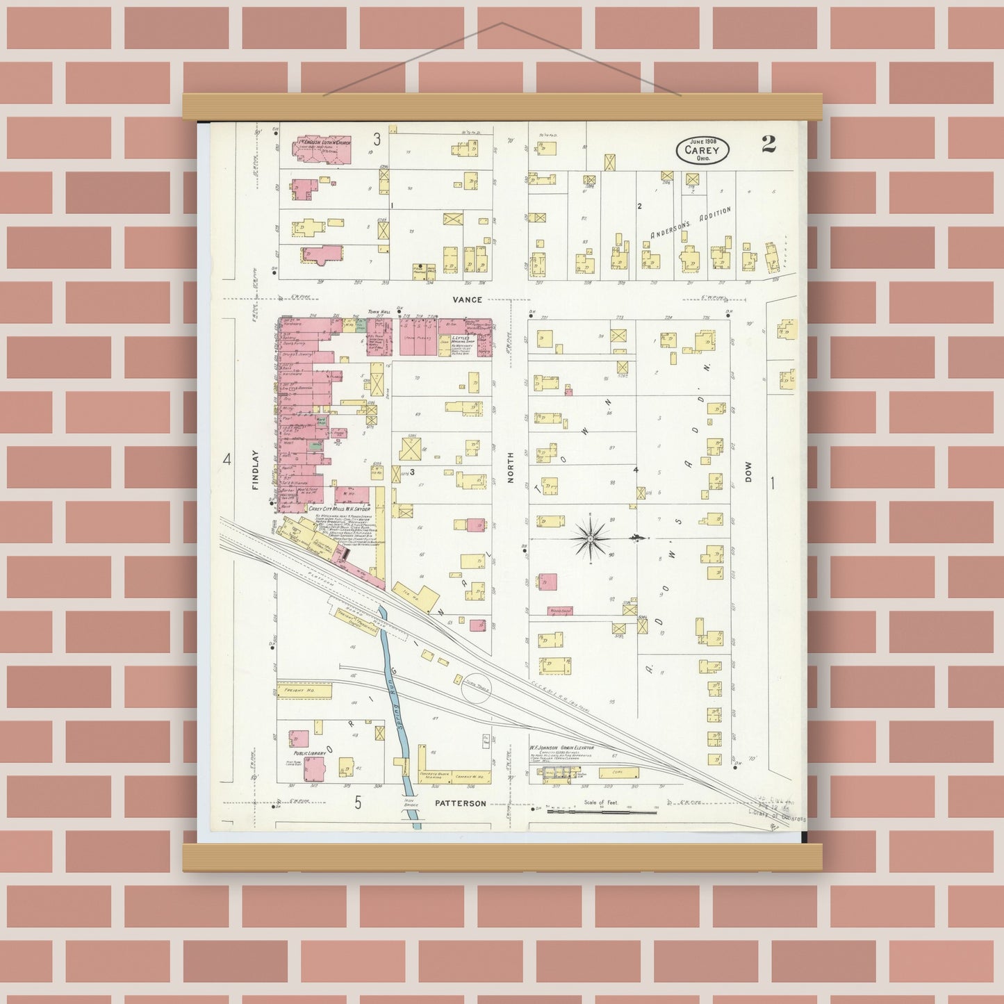 Old map wall art mockup — magnetic wood frame on brick wall — Sanborn Fire Insurance Map from Carey, Wyandot County, Ohio (1908), Sheet #0002