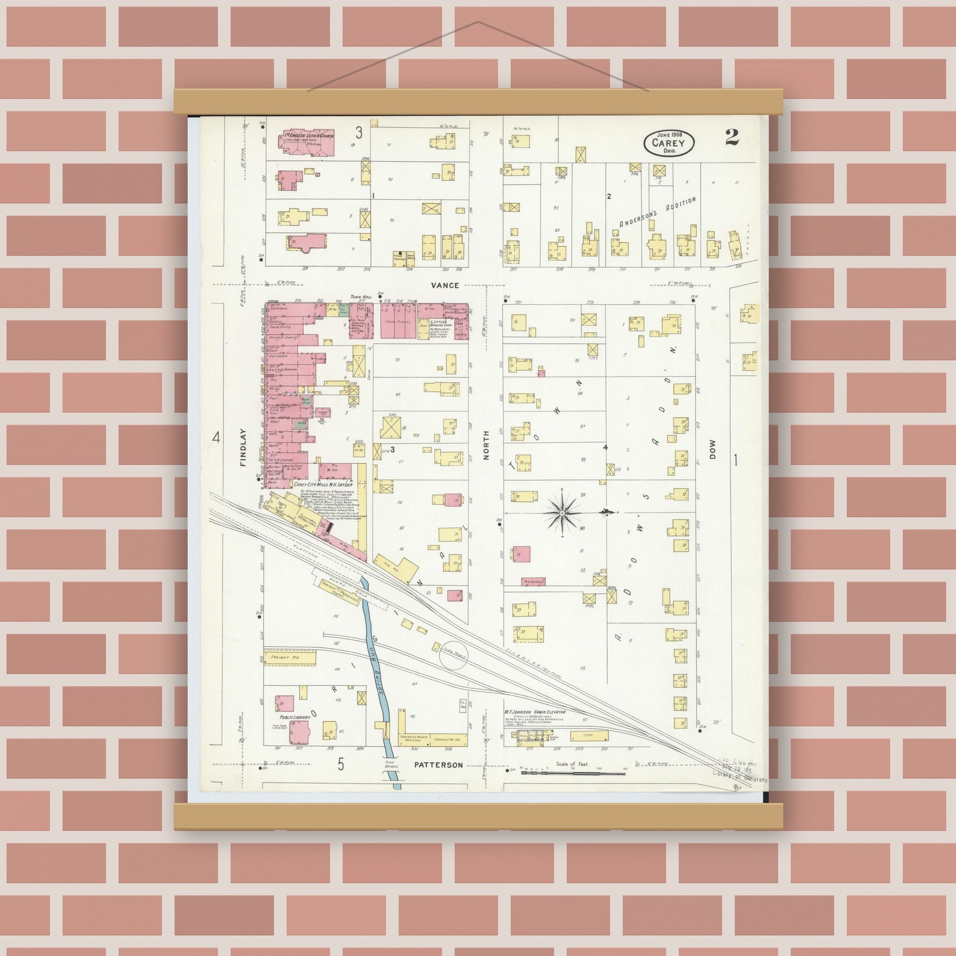 Old map wall art mockup — magnetic wood frame on brick wall — Sanborn Fire Insurance Map from Carey, Wyandot County, Ohio (1908), Sheet #0002