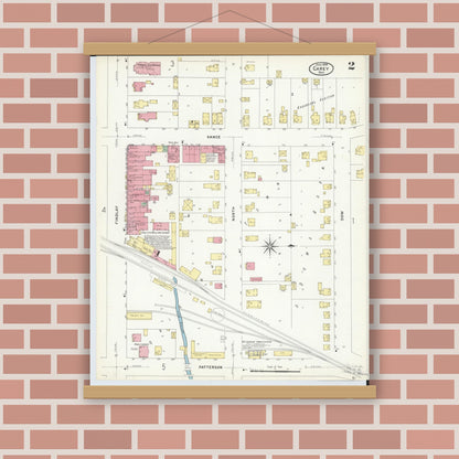 Old map wall art mockup — magnetic wood frame on brick wall — Sanborn Fire Insurance Map from Carey, Wyandot County, Ohio (1908), Sheet #0002