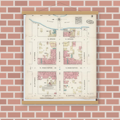 Old map wall art mockup — magnetic wood frame on brick wall — Sanborn Fire Insurance Map from Lansing, Ingham County, Michigan (1885), Sheet #0003