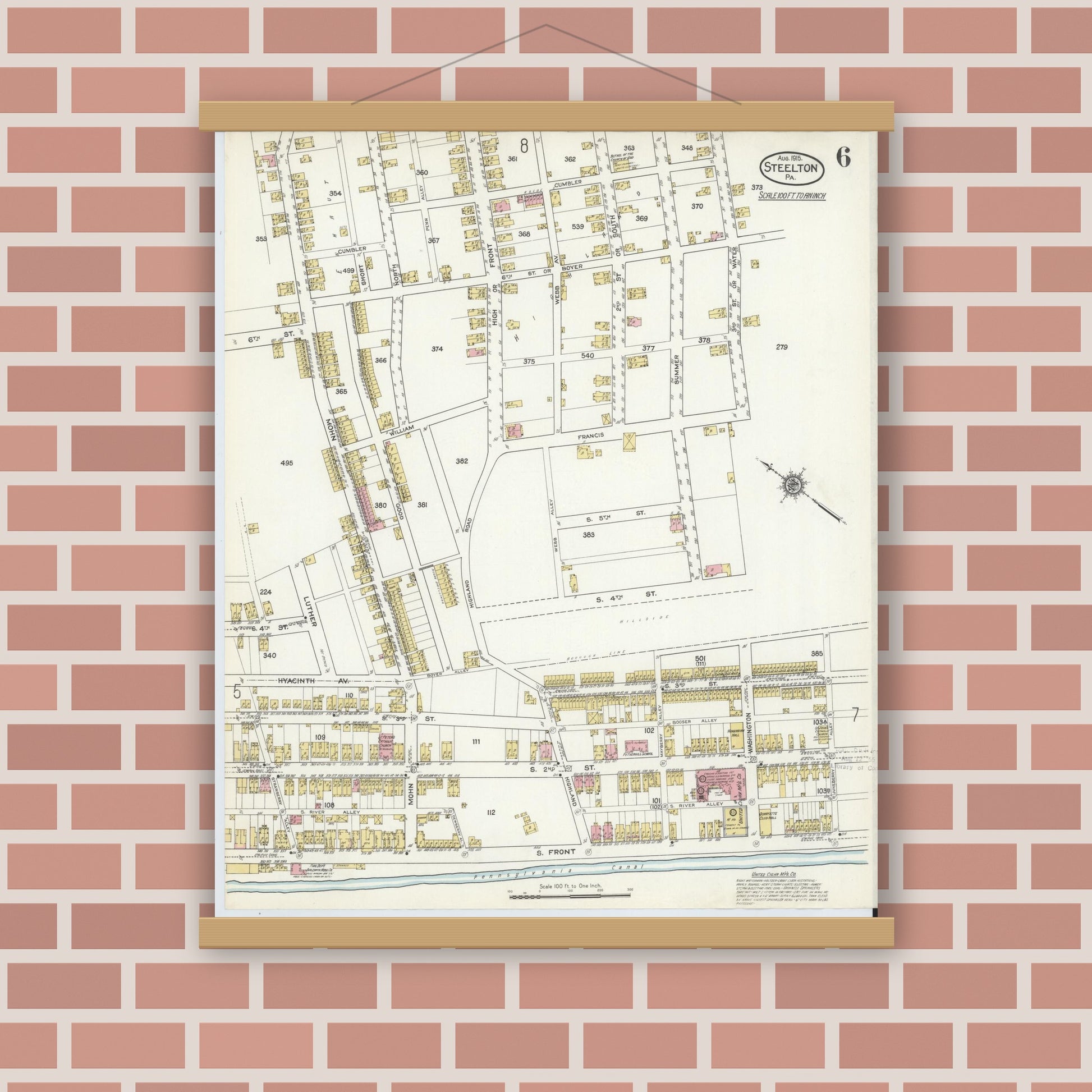 Old map wall art mockup — magnetic wood frame on brick wall — Sanborn Fire Insurance Map from Steelton, Dauphin County, Pennsylvania (1915), Sheet #0006