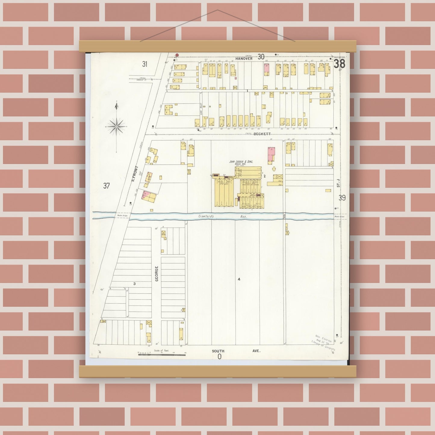Old map wall art mockup — magnetic wood frame on brick wall — Sanborn Fire Insurance Map from Hamilton, Butler County, Ohio (1899), Sheet #0038
